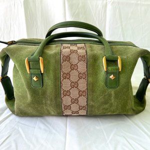 Authentic Gucci Suede Monogram Small Boston Bag in Green. VERY RARE!